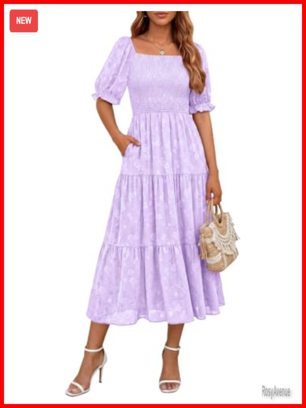 Women's Smocked A-Line Floral Midi Dress Pockets Square Neck
